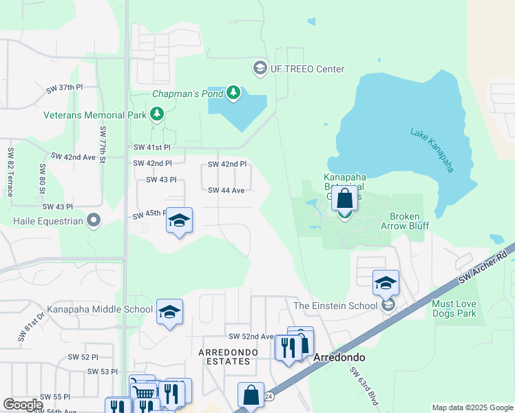 map of restaurants, bars, coffee shops, grocery stores, and more near 6706 Southwest 45th Avenue in Gainesville