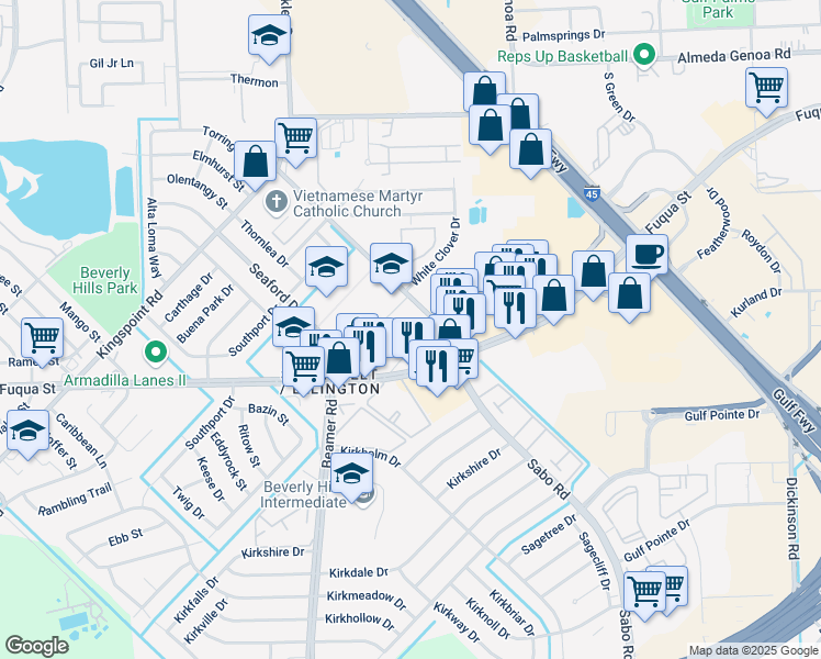 map of restaurants, bars, coffee shops, grocery stores, and more near 10617 Fuqua Street in Houston