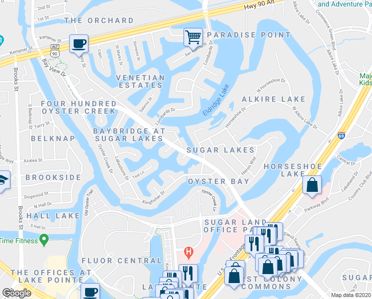 map of restaurants, bars, coffee shops, grocery stores, and more near 875 Harbour Place in Sugar Land