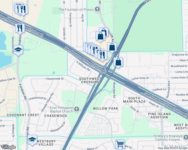 map of restaurants, bars, coffee shops, grocery stores, and more near 14414 Lone Willow Court in Missouri City
