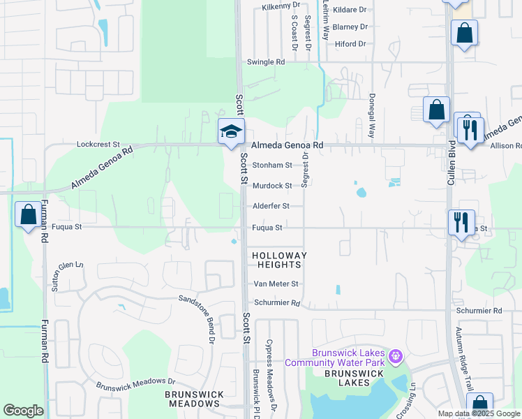 map of restaurants, bars, coffee shops, grocery stores, and more near 3518 Alderfer Street in Houston