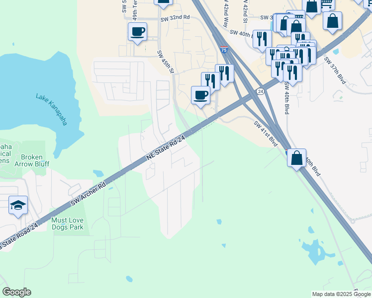 map of restaurants, bars, coffee shops, grocery stores, and more near 4543 Southwest 44 Lane in Gainesville