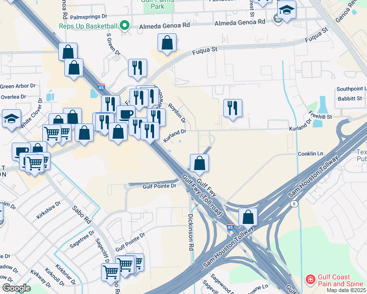 map of restaurants, bars, coffee shops, grocery stores, and more near 12933 Gulf Freeway in Houston