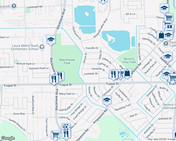 map of restaurants, bars, coffee shops, grocery stores, and more near 9621 Foredale Street in Houston