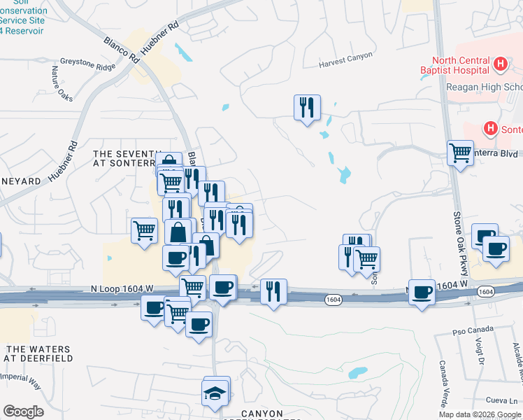map of restaurants, bars, coffee shops, grocery stores, and more near 19132 Trailview in San Antonio