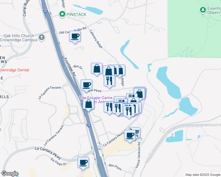 map of restaurants, bars, coffee shops, grocery stores, and more near 5821 Worth Parkway in San Antonio