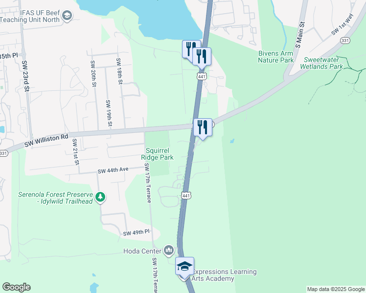 map of restaurants, bars, coffee shops, grocery stores, and more near 4300 Southwest 13th Street in Gainesville