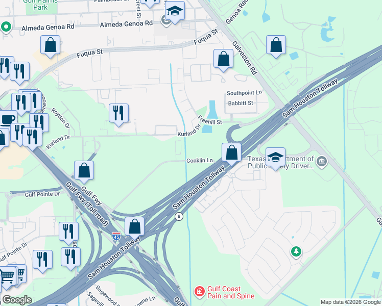 map of restaurants, bars, coffee shops, grocery stores, and more near 13523 Conklin Lane in Houston