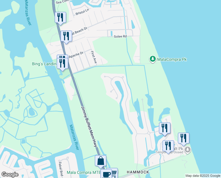 map of restaurants, bars, coffee shops, grocery stores, and more near 21 Ocean Oaks Lane in Palm Coast