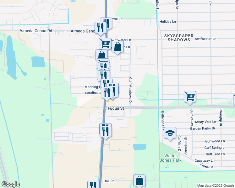 map of restaurants, bars, coffee shops, grocery stores, and more near 10505 Telephone Road in Houston