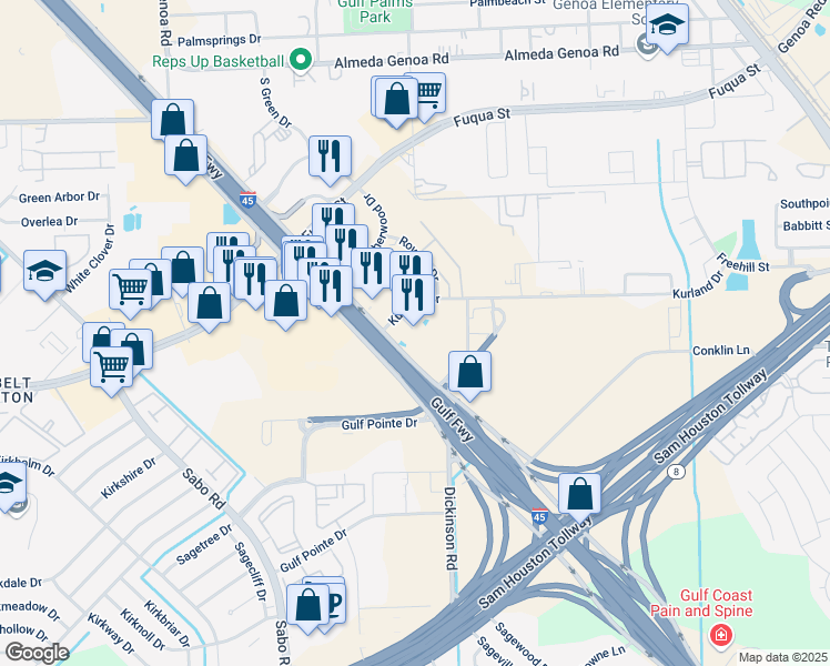 map of restaurants, bars, coffee shops, grocery stores, and more near 12933 Gulf Freeway in Houston