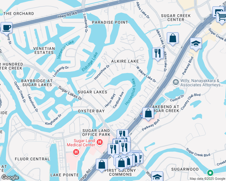 map of restaurants, bars, coffee shops, grocery stores, and more near 1118 Meadowlark Lane in Sugar Land