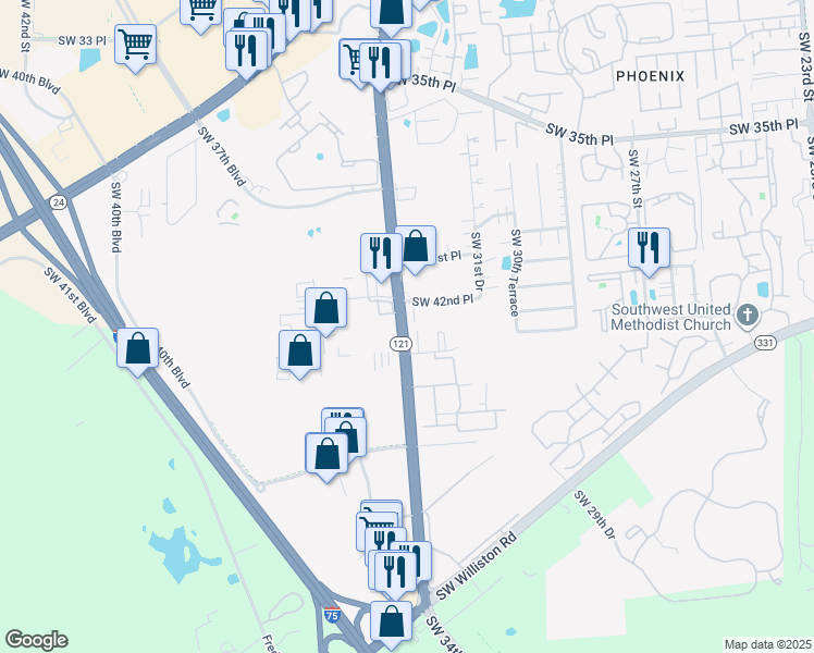 map of restaurants, bars, coffee shops, grocery stores, and more near 4411 Southwest 34th Street in Gainesville
