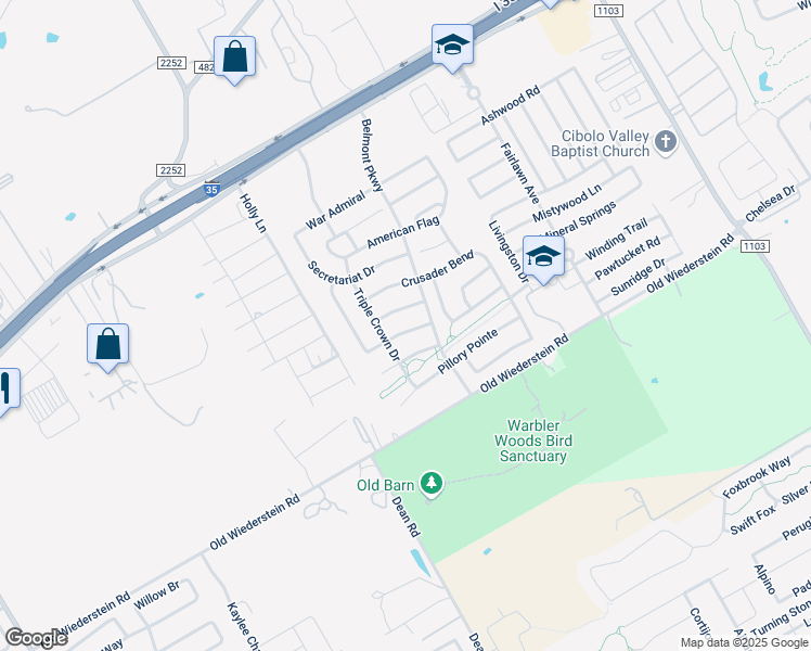 map of restaurants, bars, coffee shops, grocery stores, and more near 2540 Sir Barton Bay in Schertz