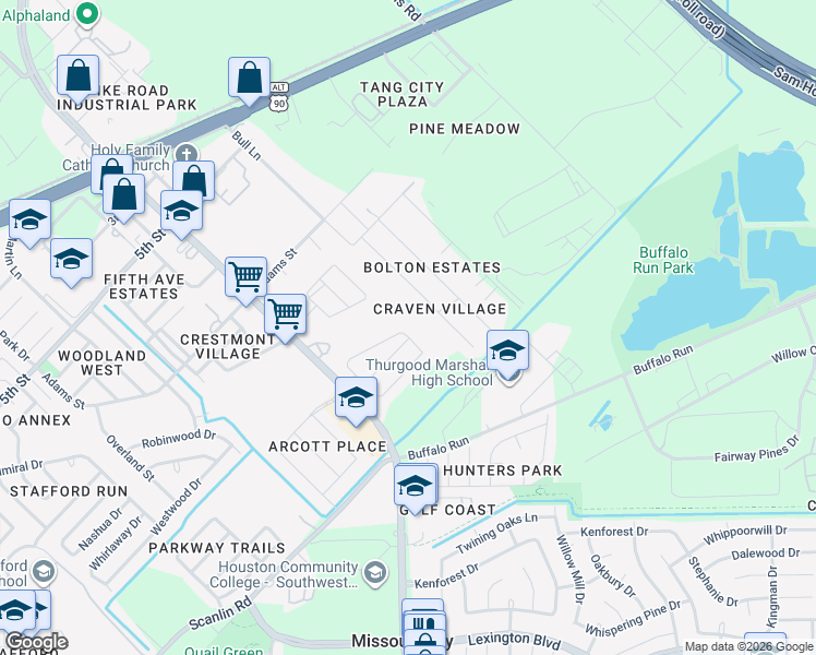 map of restaurants, bars, coffee shops, grocery stores, and more near 1127 Arum Road in Missouri City