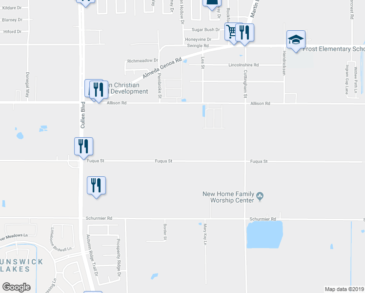 map of restaurants, bars, coffee shops, grocery stores, and more near 4505 Fuqua Street in Houston