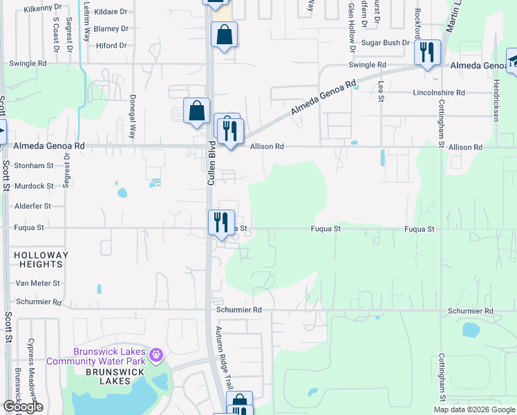 map of restaurants, bars, coffee shops, grocery stores, and more near 4147 Fuqua Street in Houston