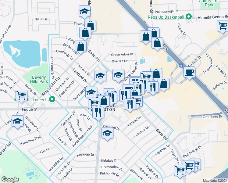 map of restaurants, bars, coffee shops, grocery stores, and more near 10710 Sabo Road in Houston