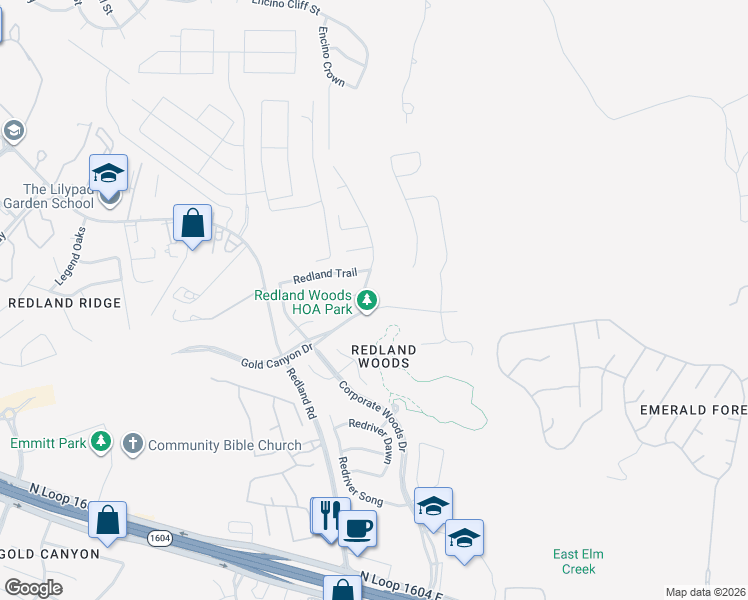 map of restaurants, bars, coffee shops, grocery stores, and more near 2906 Redsky Pass in San Antonio