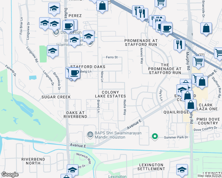 map of restaurants, bars, coffee shops, grocery stores, and more near 931 Allisa Street in Stafford