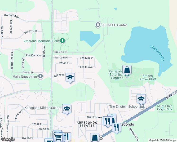 map of restaurants, bars, coffee shops, grocery stores, and more near 6808 Southwest 45th Avenue in Gainesville