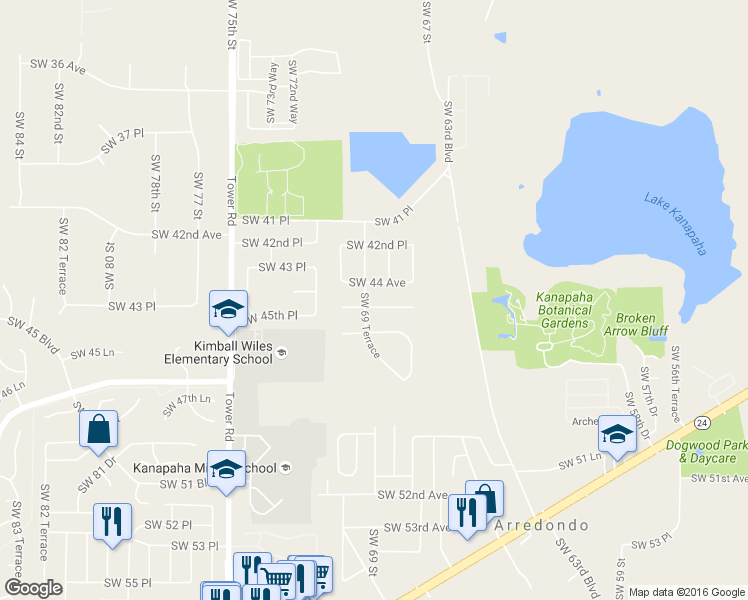 map of restaurants, bars, coffee shops, grocery stores, and more near 6906 Southwest 45th Avenue in Gainesville