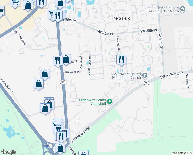 map of restaurants, bars, coffee shops, grocery stores, and more near 2932 Southwest 40 Place in Gainesville