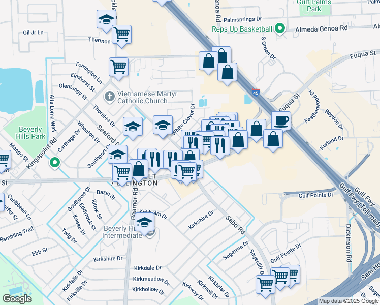 map of restaurants, bars, coffee shops, grocery stores, and more near 11005 Fuqua Street in Houston
