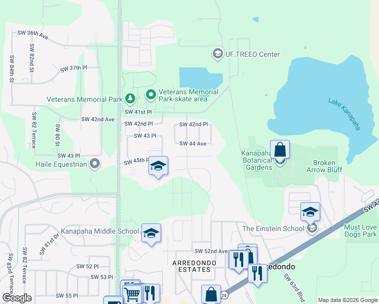 map of restaurants, bars, coffee shops, grocery stores, and more near 6807 Southwest 45th Avenue in Gainesville