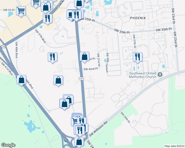 map of restaurants, bars, coffee shops, grocery stores, and more near 4415 Southwest 34th Street in Gainesville
