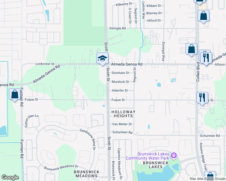map of restaurants, bars, coffee shops, grocery stores, and more near 3518 Alderfer Street in Houston