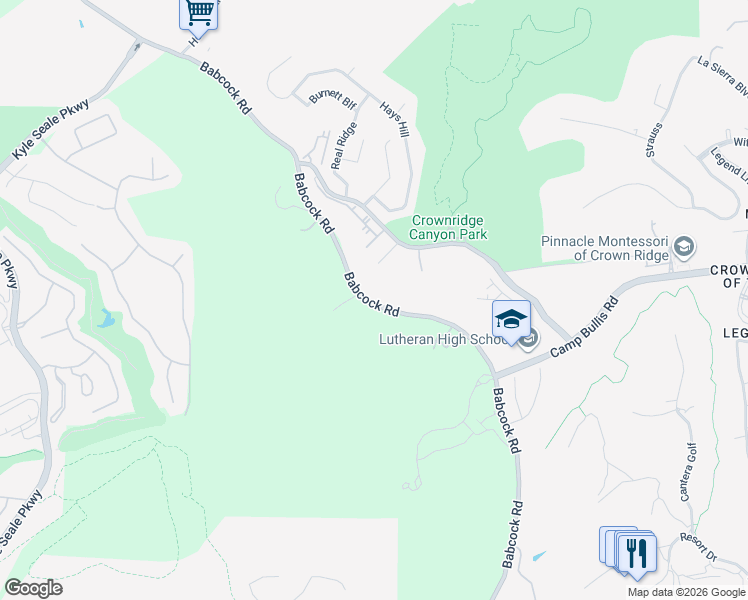 map of restaurants, bars, coffee shops, grocery stores, and more near 18380 Babcock Road in San Antonio