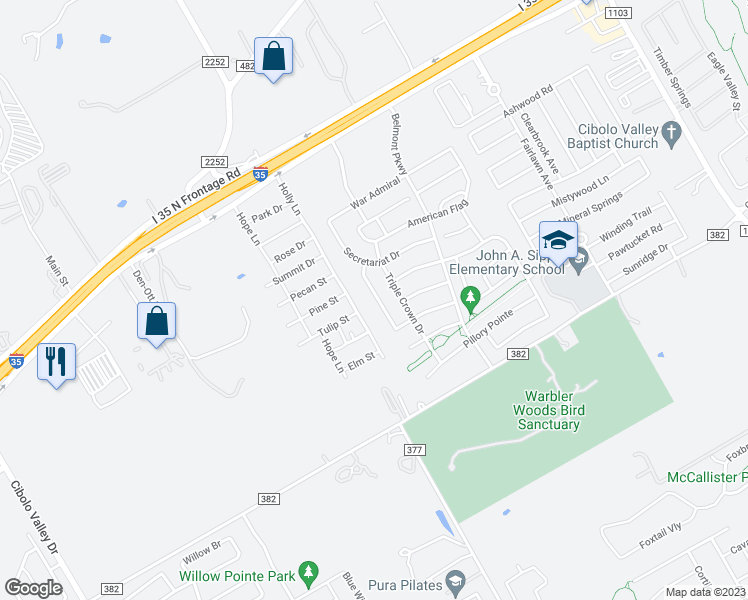 map of restaurants, bars, coffee shops, grocery stores, and more near 541 Foxford Run Drive in Schertz