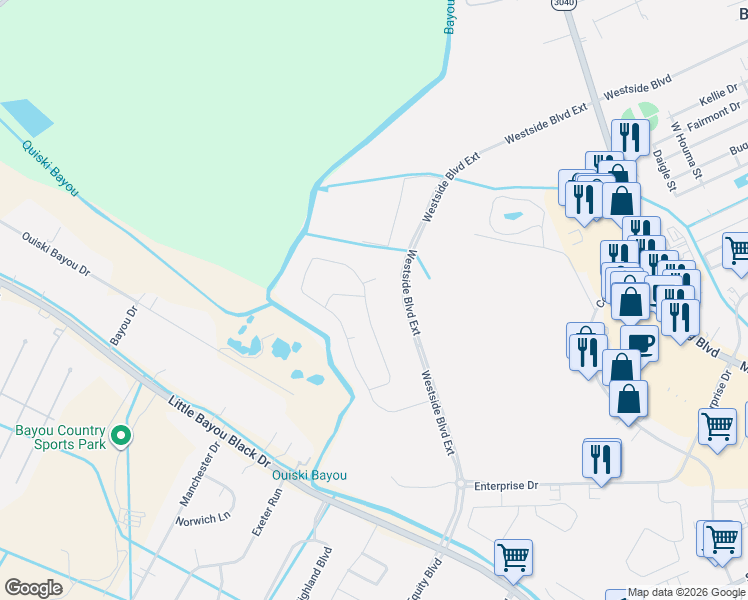 map of restaurants, bars, coffee shops, grocery stores, and more near Westside Boulevard Extension in Houma