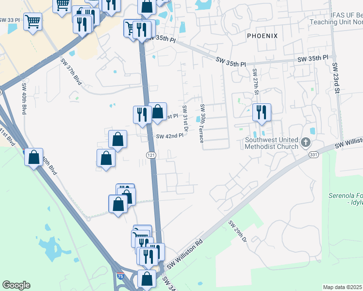 map of restaurants, bars, coffee shops, grocery stores, and more near 4415 Southwest 34th Street in Gainesville