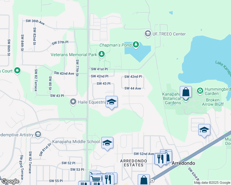 map of restaurants, bars, coffee shops, grocery stores, and more near 7120 Southwest 45th Place in Gainesville