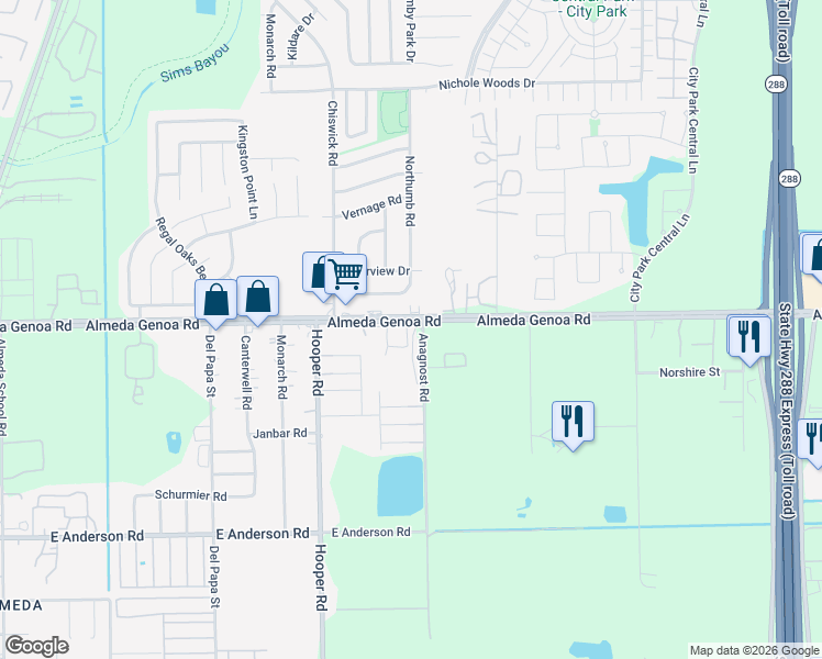 map of restaurants, bars, coffee shops, grocery stores, and more near 1320 Almeda-Genoa Road in Houston