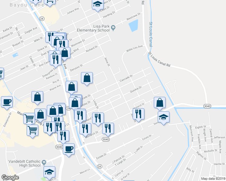 map of restaurants, bars, coffee shops, grocery stores, and more near 316 Holiday Drive in Houma
