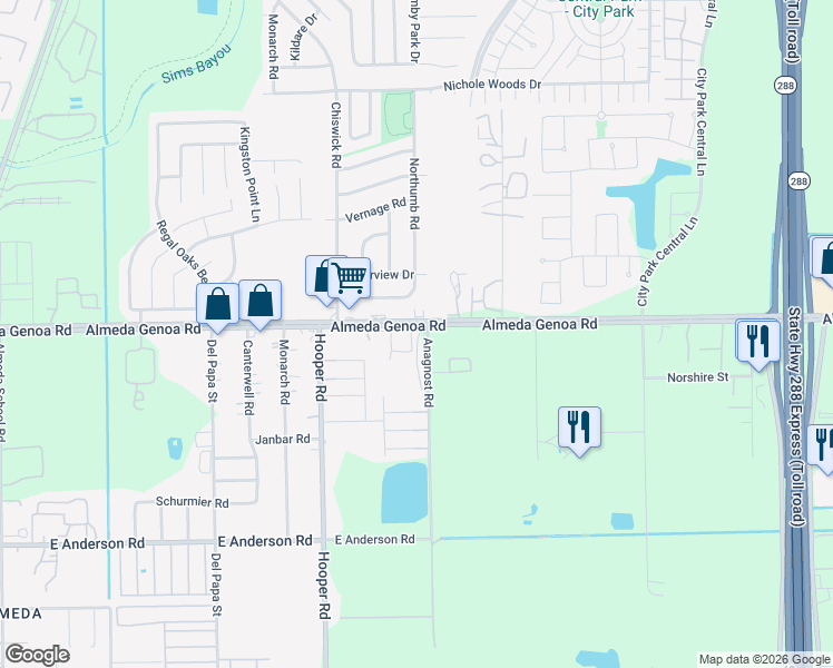 map of restaurants, bars, coffee shops, grocery stores, and more near 1320 Almeda-Genoa Road in Houston