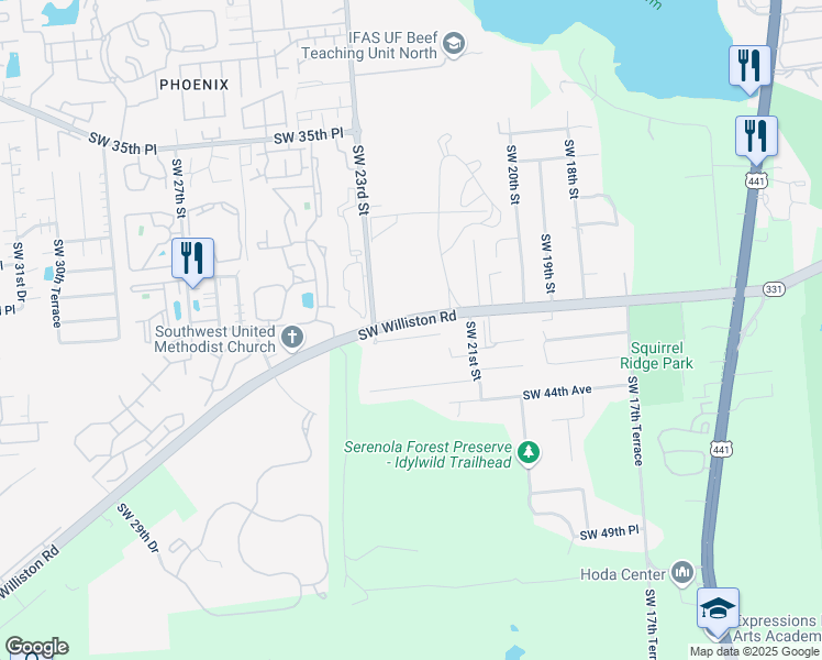 map of restaurants, bars, coffee shops, grocery stores, and more near 2131 Southwest 41 Lane in Gainesville