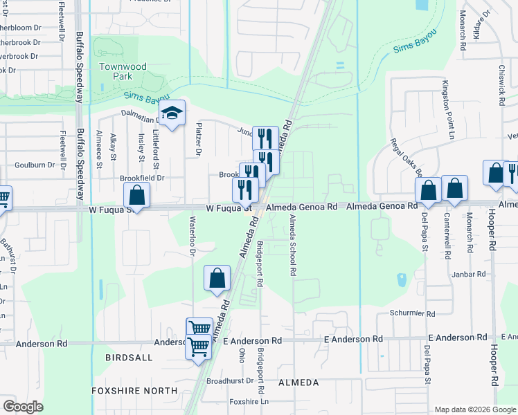 map of restaurants, bars, coffee shops, grocery stores, and more near 13404 Almeda Road in Houston