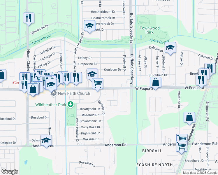 map of restaurants, bars, coffee shops, grocery stores, and more near 3810 West Fuqua Street in Houston