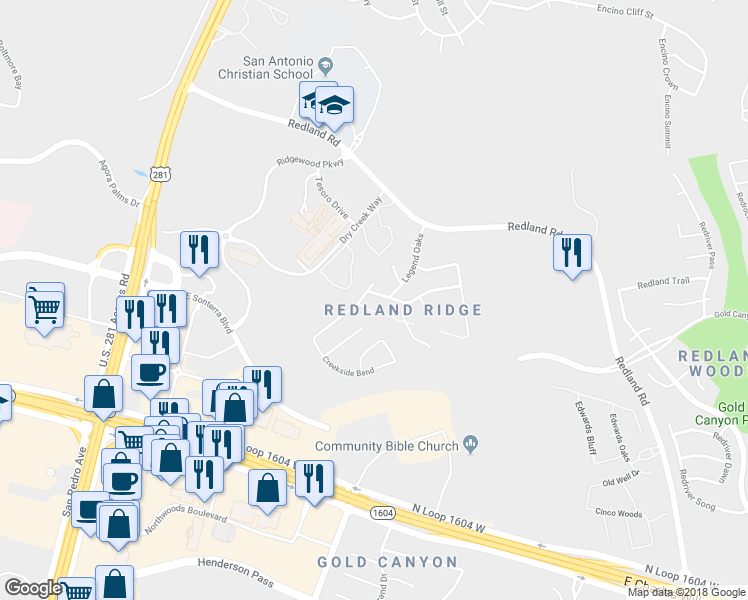 map of restaurants, bars, coffee shops, grocery stores, and more near 2206 Stallion Run in San Antonio