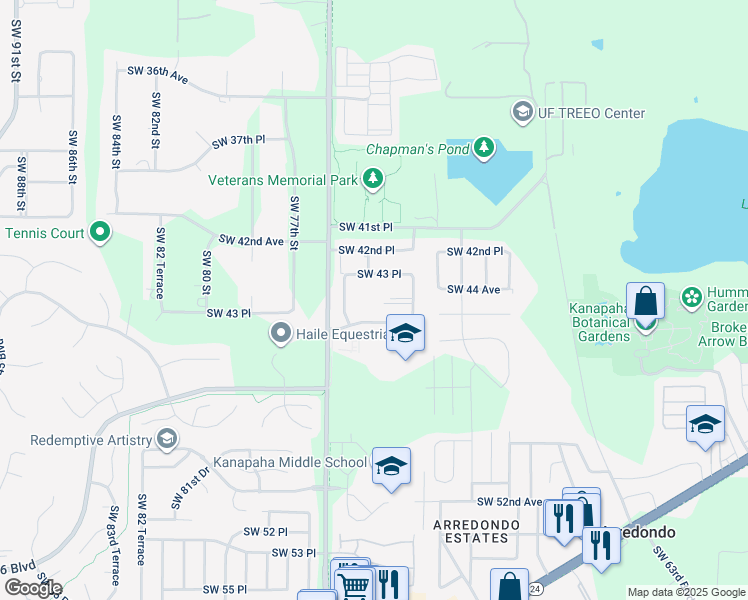 map of restaurants, bars, coffee shops, grocery stores, and more near 7232 Southwest 45th Place in Gainesville