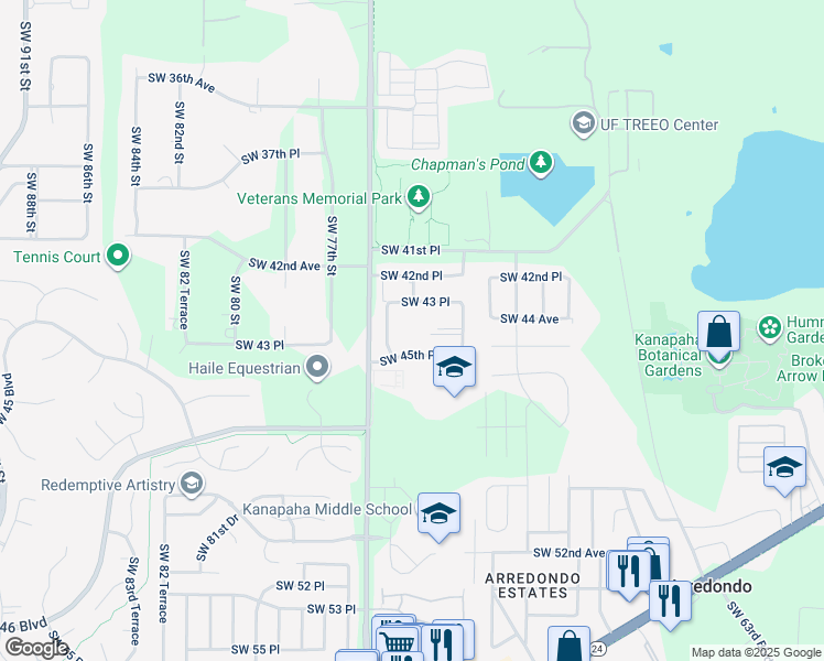 map of restaurants, bars, coffee shops, grocery stores, and more near 7232 Southwest 45th Place in Gainesville