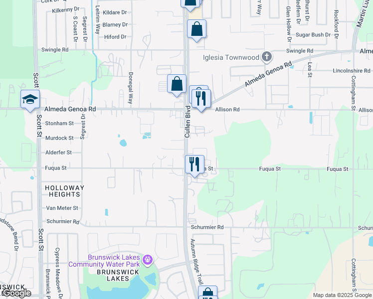 map of restaurants, bars, coffee shops, grocery stores, and more near 13555 Cullen Boulevard in Houston