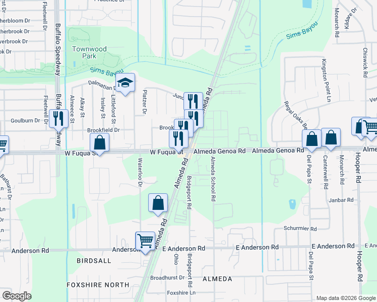 map of restaurants, bars, coffee shops, grocery stores, and more near 13404 Almeda Road in Houston