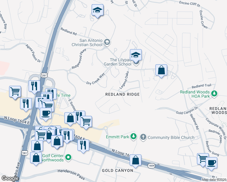 map of restaurants, bars, coffee shops, grocery stores, and more near 18551 Brigantine Creek in San Antonio