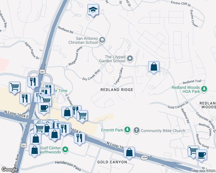 map of restaurants, bars, coffee shops, grocery stores, and more near 18551 Brigantine Creek in San Antonio