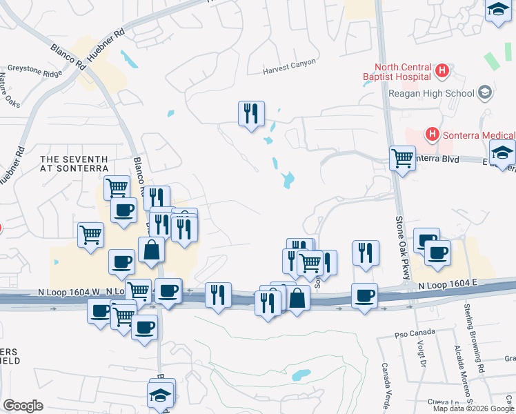 map of restaurants, bars, coffee shops, grocery stores, and more near 702 Lari Dawn in San Antonio